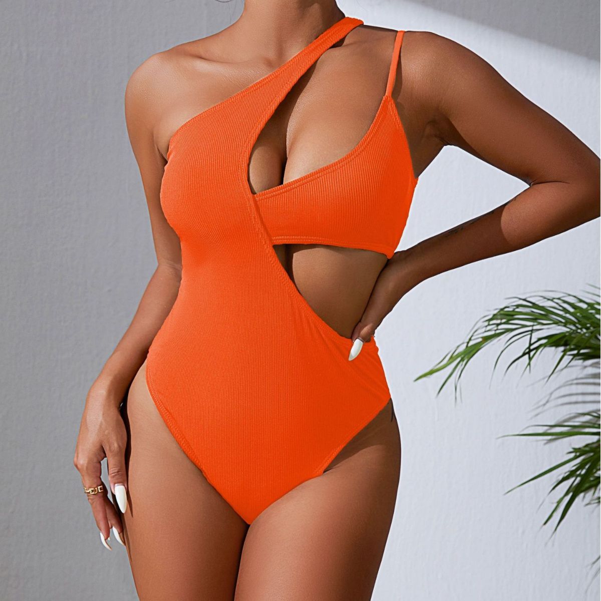 Wave Swimsuit Solid Color Rib Fabric Sexy Hollow Out Cutout out Swimsuit Bikini