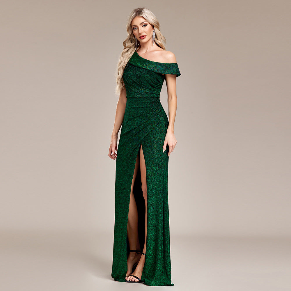 Oblique Shoulder Pleated Back Zipper Full Lining High Slit Shiny Bright Dress Straight H Shaped Knitted Jumpsuit