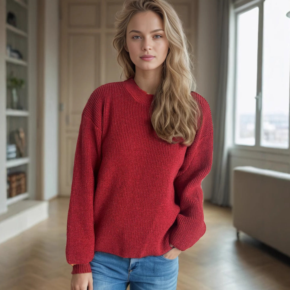 Autumn Winter round Neck Loose Casual Women Pullover Solid Color Thick Warm Long Sleeves Knitted Sweater