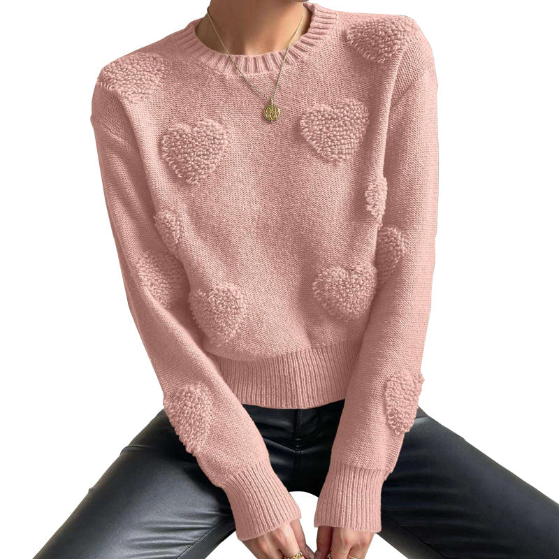 Autumn Winter Women Clothing Peach Heart Sweater Pullover Long Sleeve Top Pink