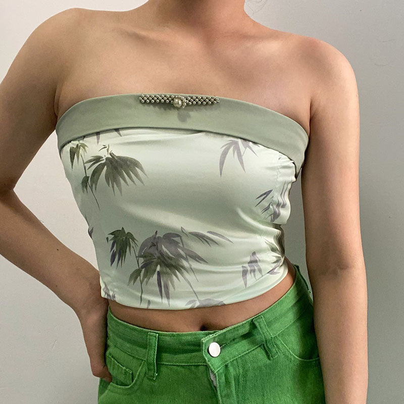 Improved Tube Top Wrapped Chest Women Bamboo Printed Slim Fit Short Inner Sleeveless Top Women Green