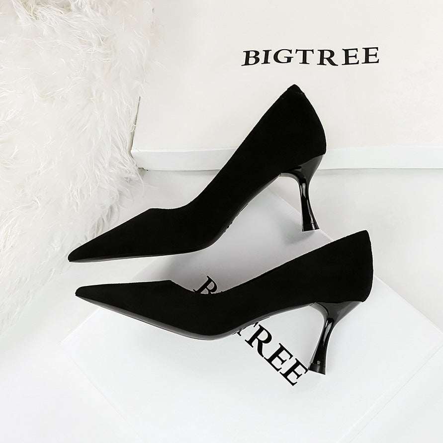 Simple Thin Cocktail High Heels Wine Glass Heel Super High Heel Suede Shallow Mouth Pointed Toe Women Shoes Black 7cm