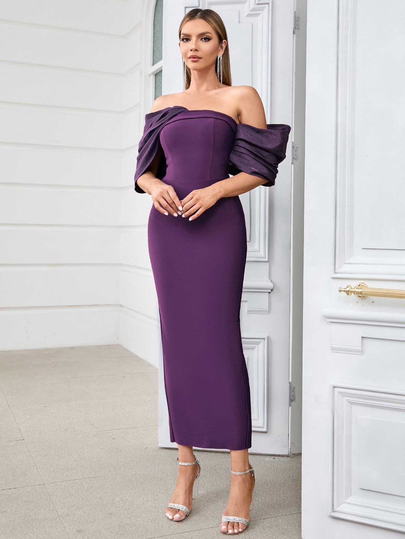 Sexy Hip Wrapped Dress Irregular Asymmetric Pleated Shoulder Sleeve Elegant Women Dress Purple