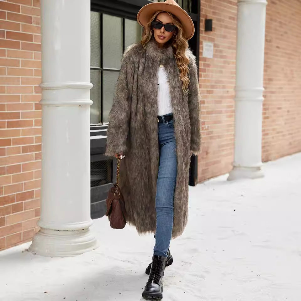 Stand Collar Women Faux Fur Coat Top Faux Fur Long Cut Coat Trench Coat