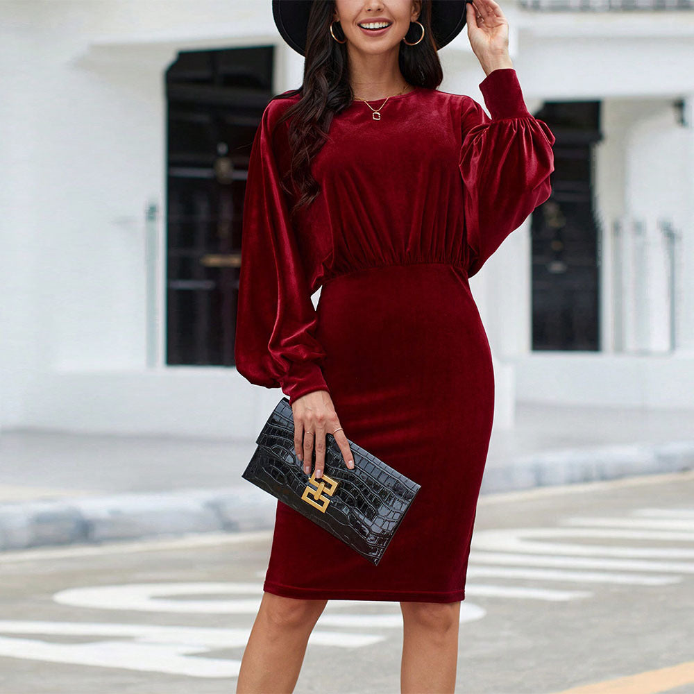 Women Clothing Elegant Red Dress Autumn Winter Dress Design Long Sleeve Midi Dress