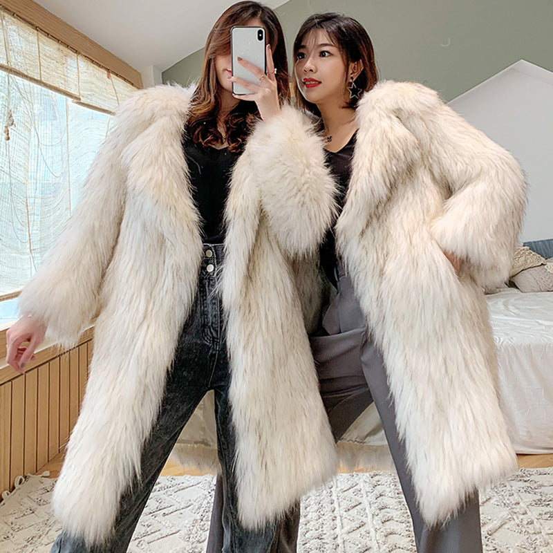 Women Raccoon Fur Coat Women Long Fox Fur Collar Fur Coat Loose Casual Trench Coat