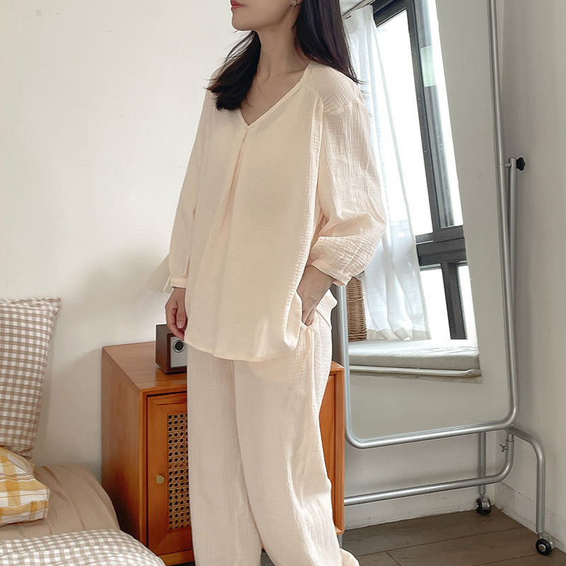 Korean Double Layer Cotton Yarn V neck Pajamas Early Spring Skin Friendly Comfortable Home Wear Two Piece Women Clothing