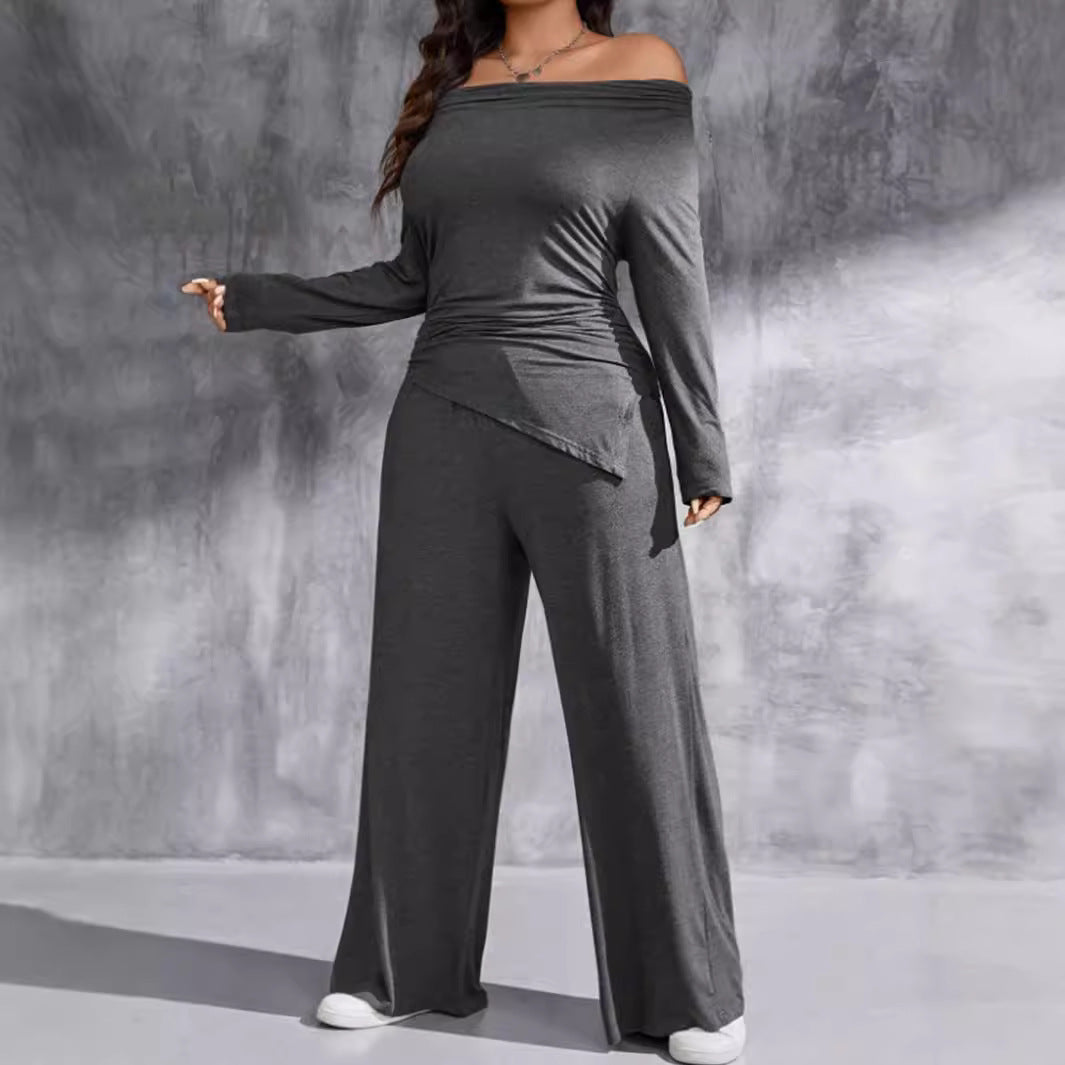 Irregular Asymmetric Women Clothing off Shoulder Peplum Top Loose Wide Leg Pants Two Piece Sets