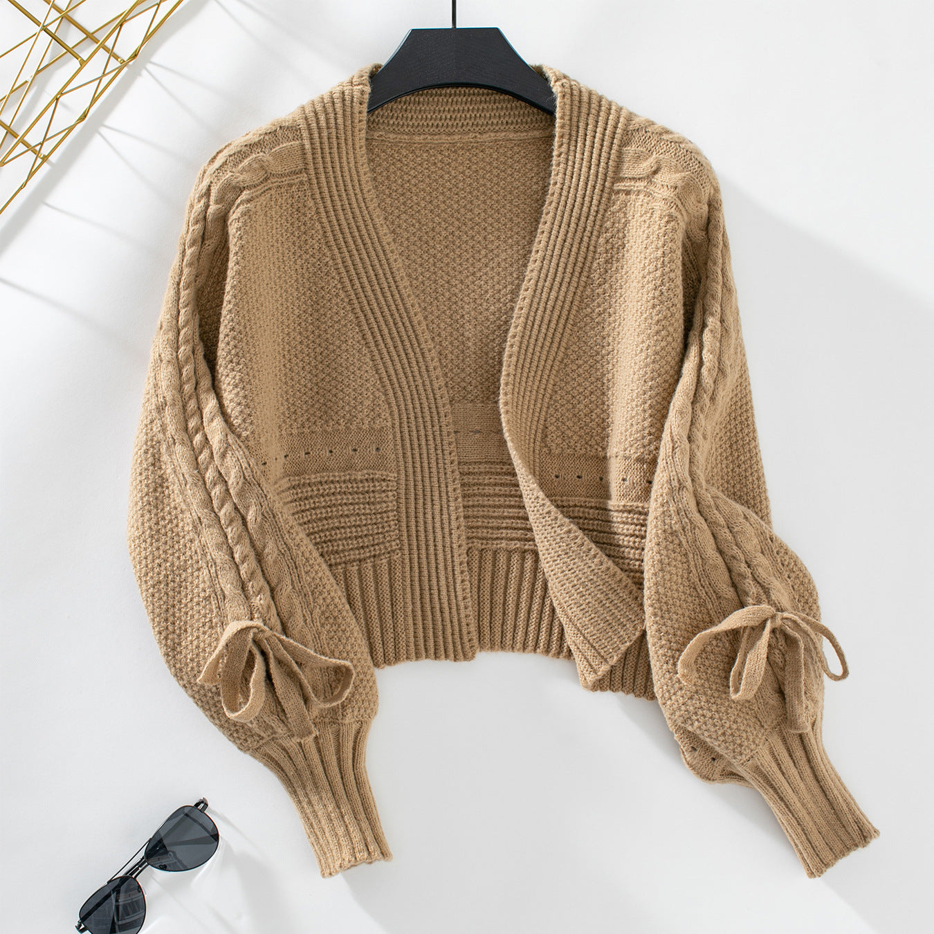 Short Bow Tie Knitted Cardigan Coat Women Autumn Outdoor Long Sleeve Sweater Top Khaki