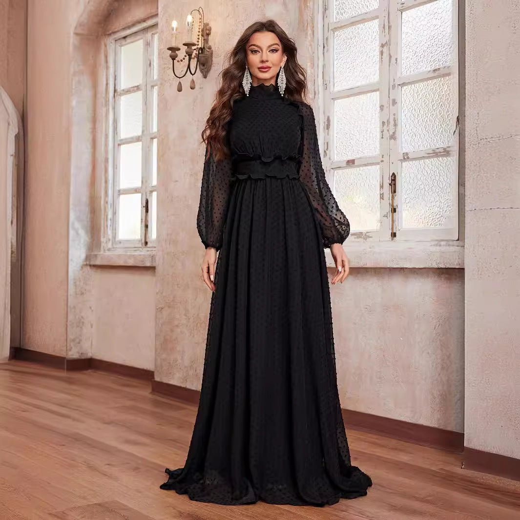 Women Chiffon Long With Wooden Ear High Collar Polka Dot Waist Long Sleeve Elegant Floor Dress