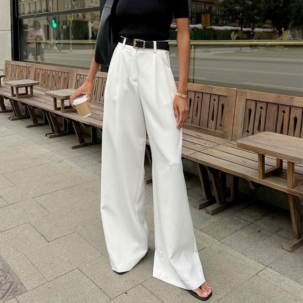 Pure White Trousers for Women Autumn Winter High Waist Wide Leg Pants Office All Matching Casual Trousers White