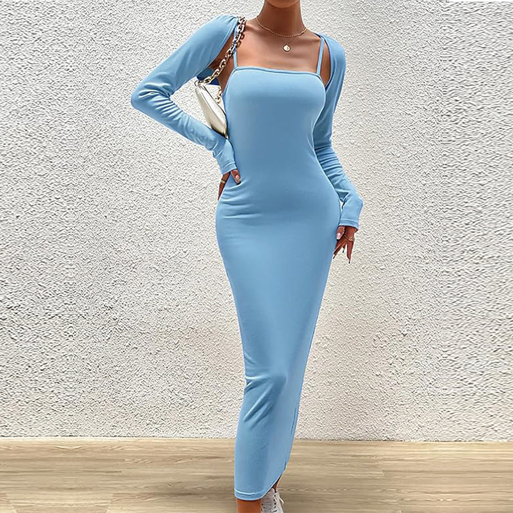 Women Clothing Light Blue Elegant Suit Autumn Winter Shawl Dress Two Piece Set