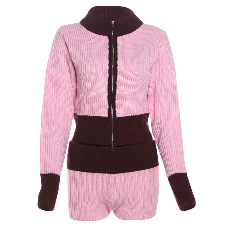 Autumn Winter Women Knitted Cool Contrast Color Stand Collar Zipper Jacket High Waist Slim Shorts Suit Pink