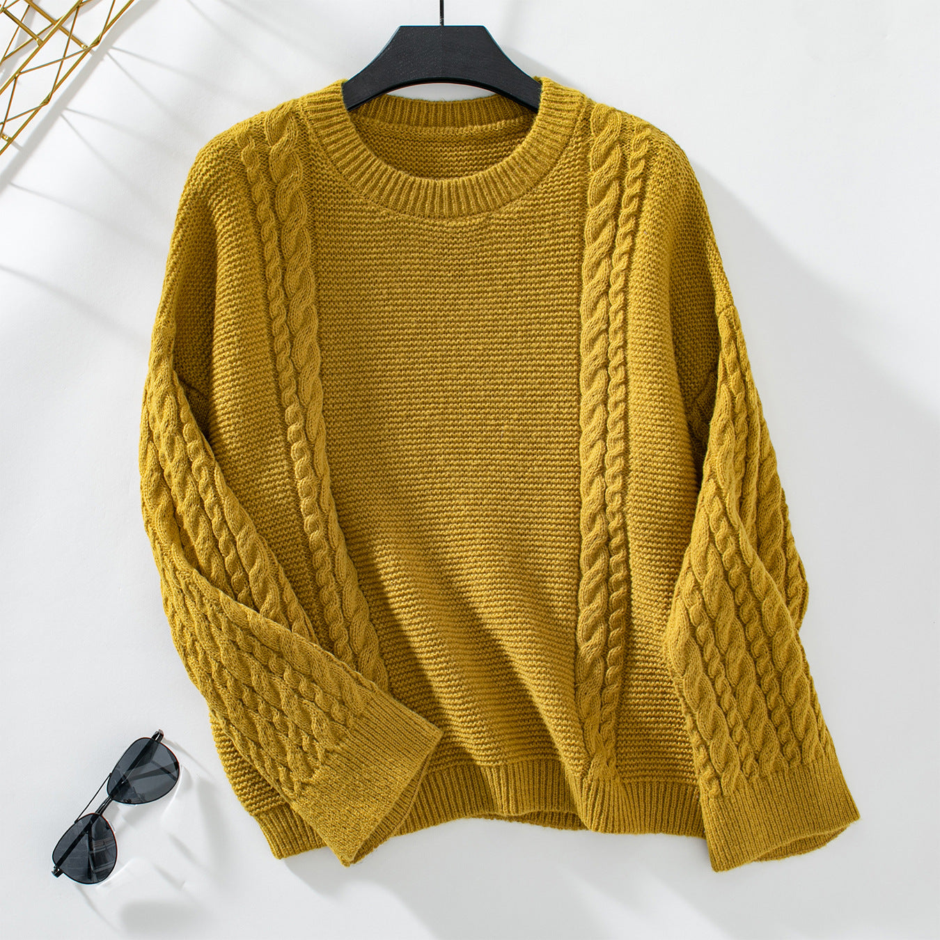 Autumn Winter Women Sweater Casual Cable Knit Sweater Solid Color Pullover Sweater Women Mustard Green