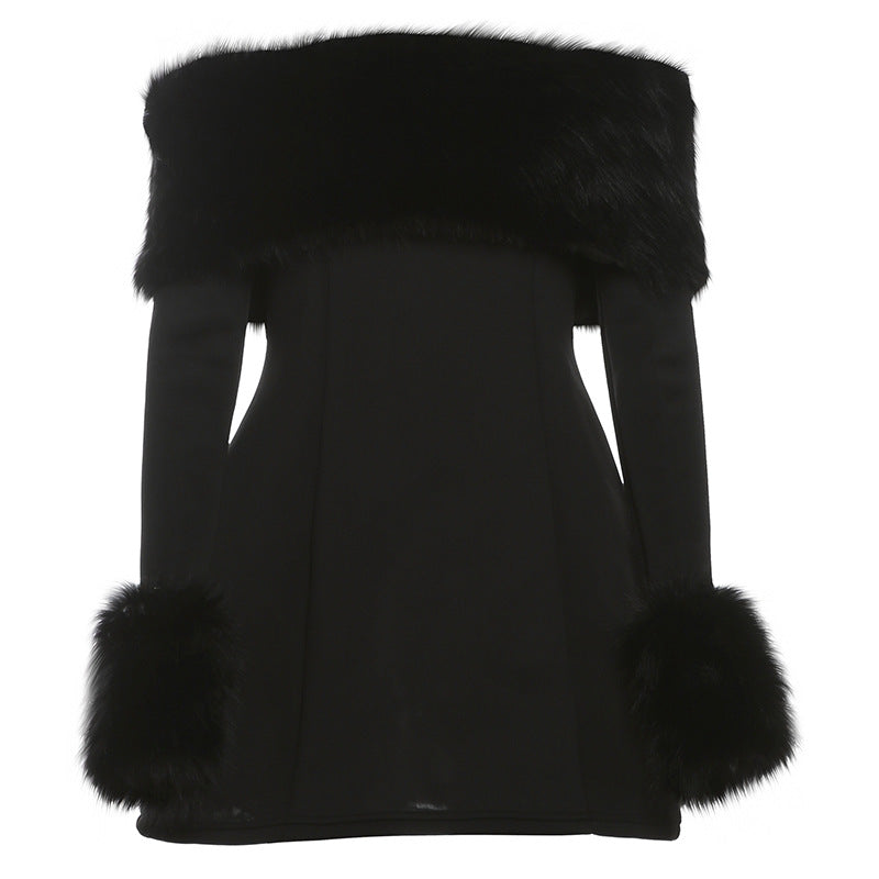 Autumn Winter Women Clothing Sexy Fur Collar off Shoulder Slim Slimming A line Dress Black