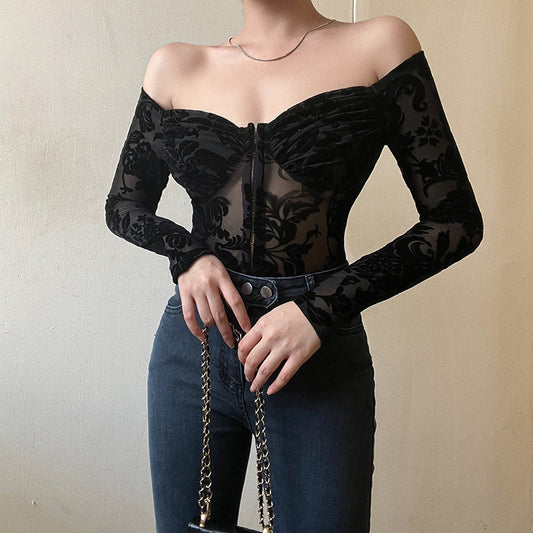 Autumn Lace Printed Slim Fit Jumpsuit Flocking Off Shoulder Long Sleeved Top Women