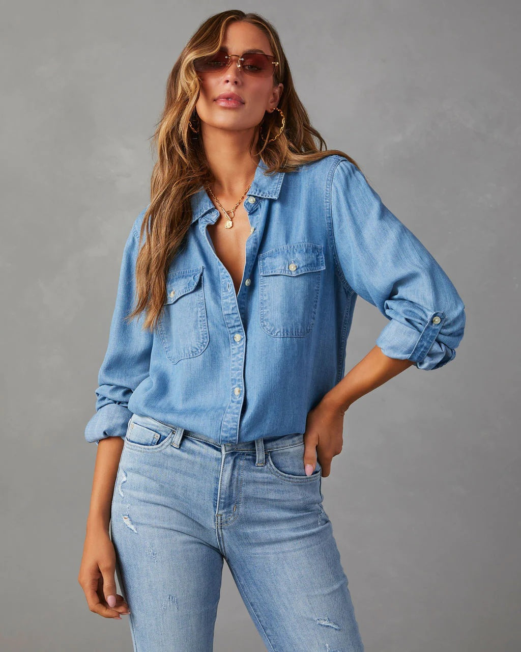 Denim Shirt Autumn Casual Collared Single Breasted Women Long Sleeved Denim Blue