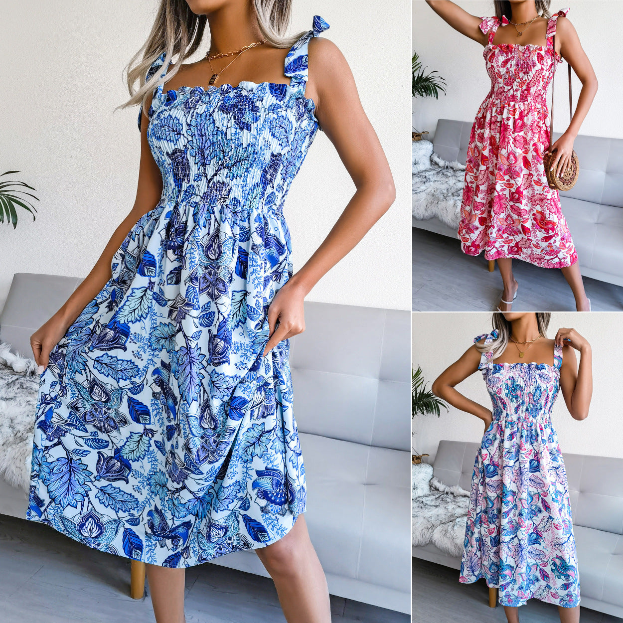 Sundress Spring Summer Sleeveless Strap Printing Midi Dress Holiday Dress Women Clothing