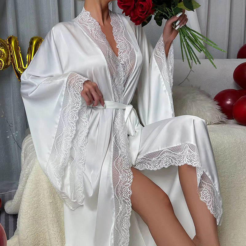 Satin Pajamas Women Lace Light Luxury Long Sleeve Cool Nightgown Bathrobe Home Wear Women White