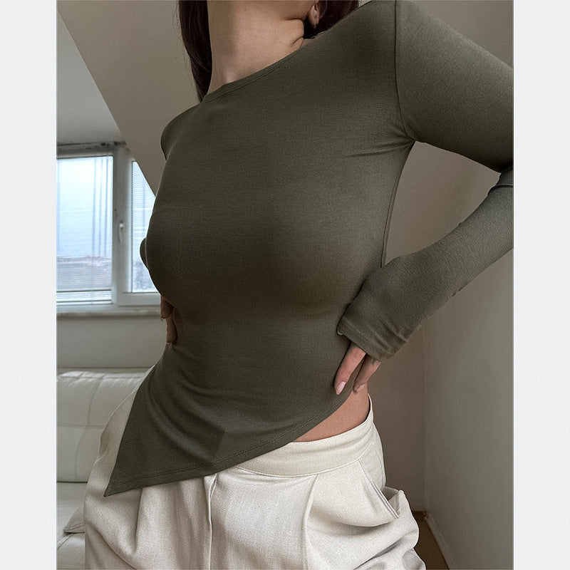 Autumn Elegant Women Clothing Solid Color Casual Oblique Long Sleeve Top Women