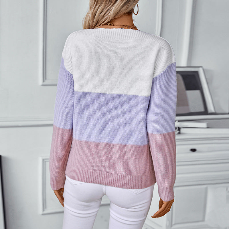 Contrast Color off Neck Button Pullover Women Sweater Autumn Winter Casual Loose Sweater