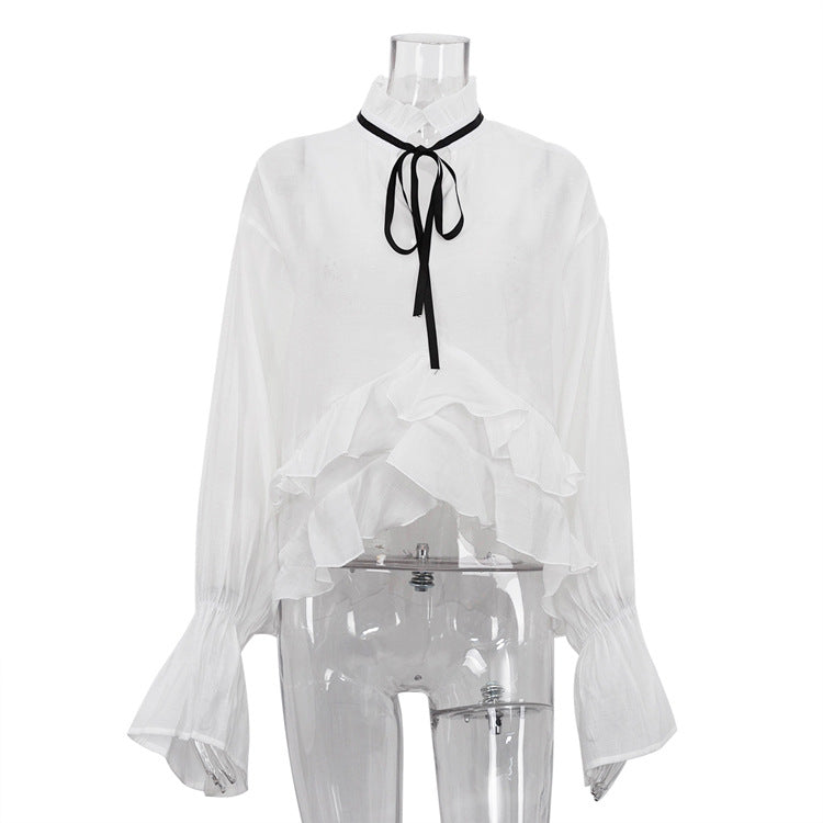 Women Clothing Sexy See through Smock Top Summer Bell Sleeve French Shirt White