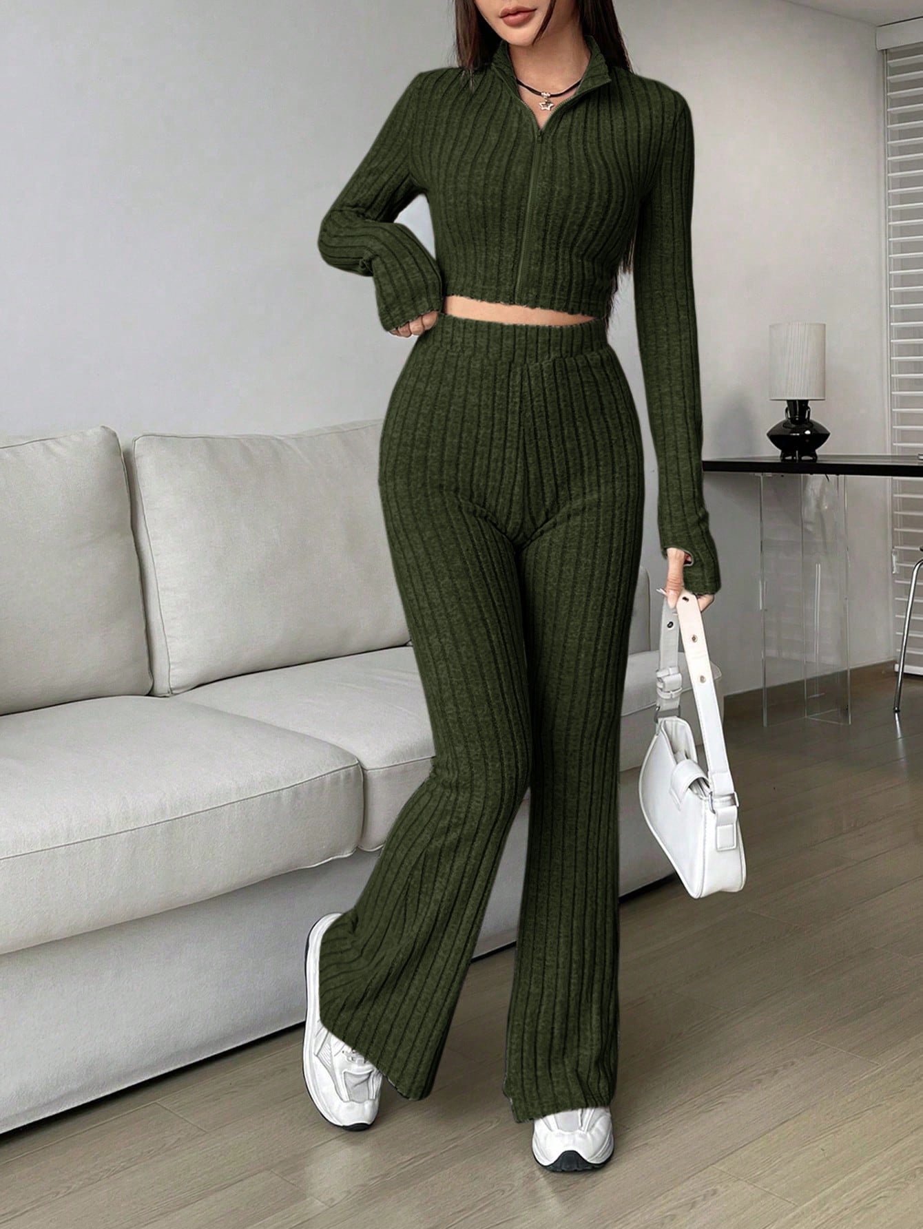 Zipper Cardigan High Waist Flared Pants Solid Color Knitwear Wide Leg Pants Sets Green