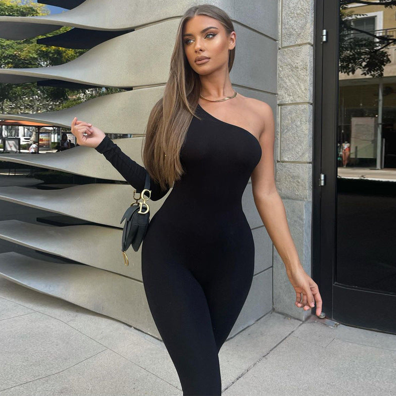 Women Clothing Shoulder Single Sleeve Solid Color Sexy Tight Hip Lift Feet Jumpsuit