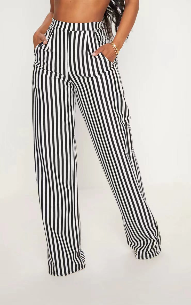 Women Clothing Black Striped Printed High Waist Straight Casual Wide Leg Pants Black And White Stripe