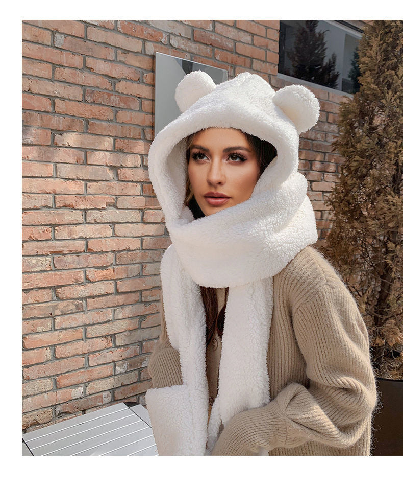 Scarf Hat Integrated Plush Belt Ear Hat Scarf Autumn Winter Warm One Size White