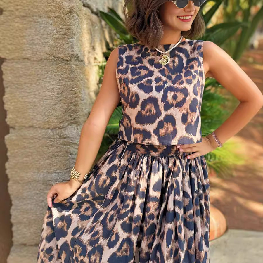 Women Casual Leopard Print Top Skirt Two Piece Sets