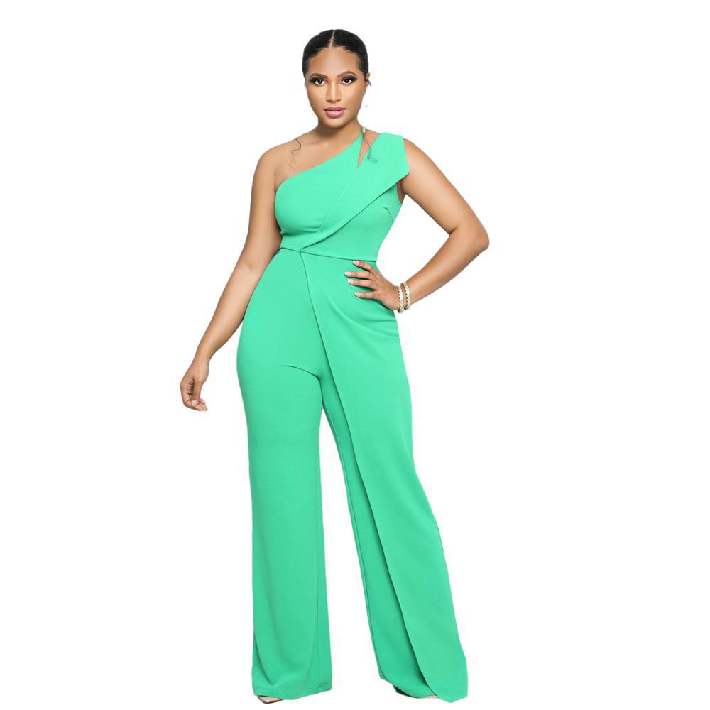 Sexy Sleeveless Single Shoulder Suspender High Waist Office Straight Jumpsuit Green