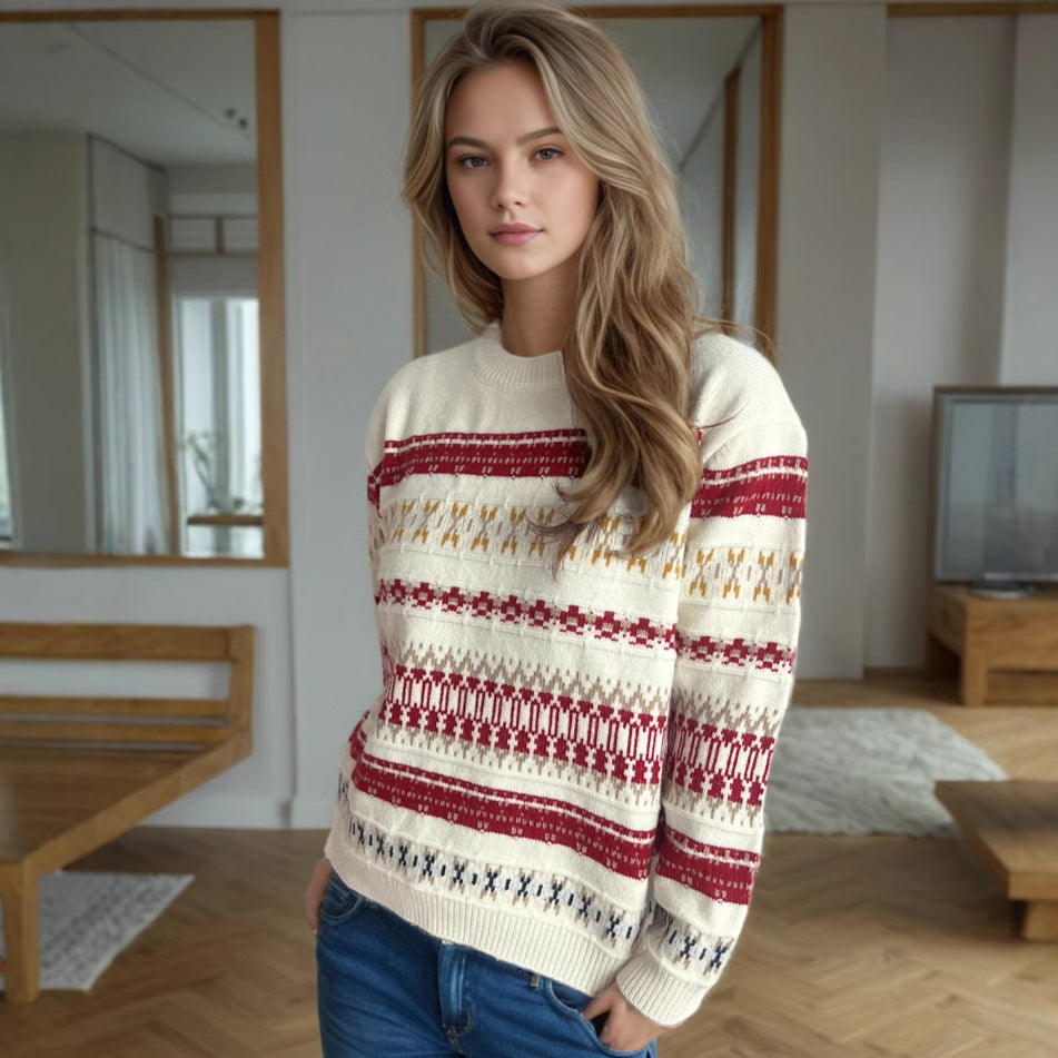 Autumn Winter Retro Contrast Color Brocade Sweater Women round Neck Thickened Thermal Knitting Pullover