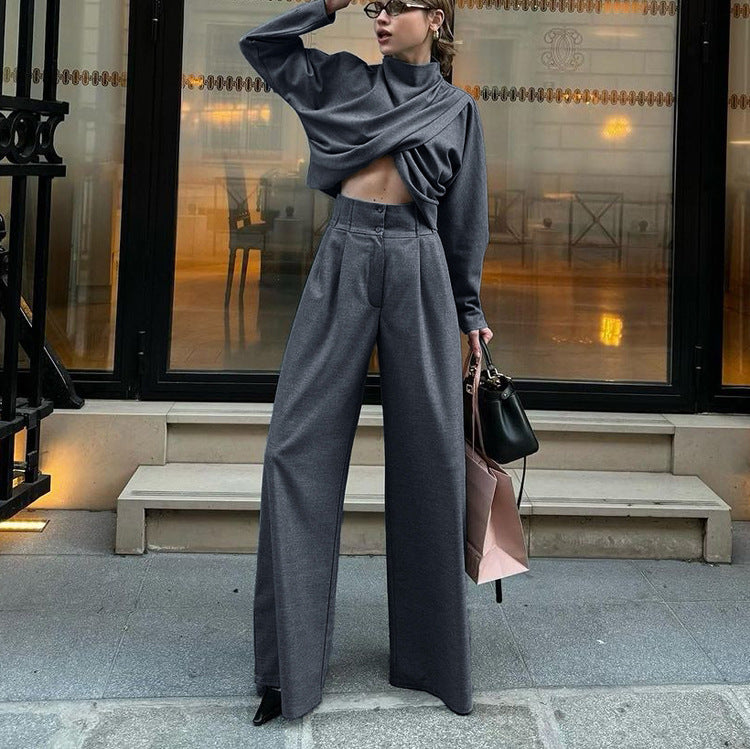 Women Spring Autumn Small Turtleneck Cross Design Long Sleeved Top Casual Wide Leg Pants Two Piece Sets