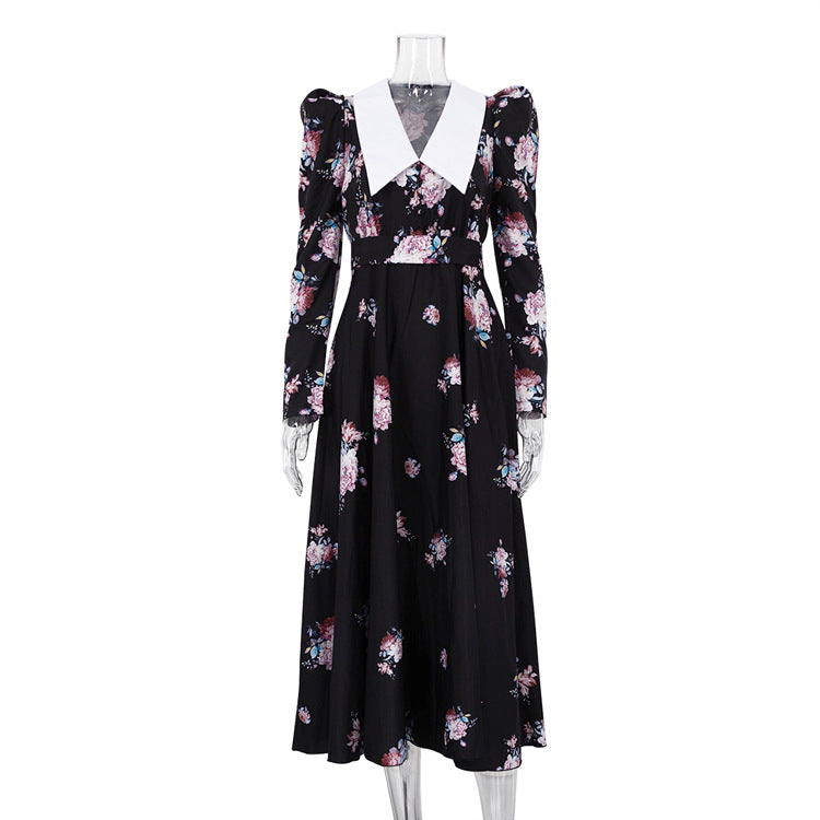 Women Clothing Early Spring Retro Printed Large Swing Dress Waist Controlled Slim Fit Maxi Dress Black