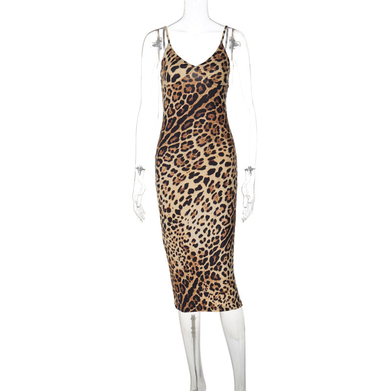 Women Clothing Summer Suspender Backless Dress Sexy Leopard Print Dress Leopard