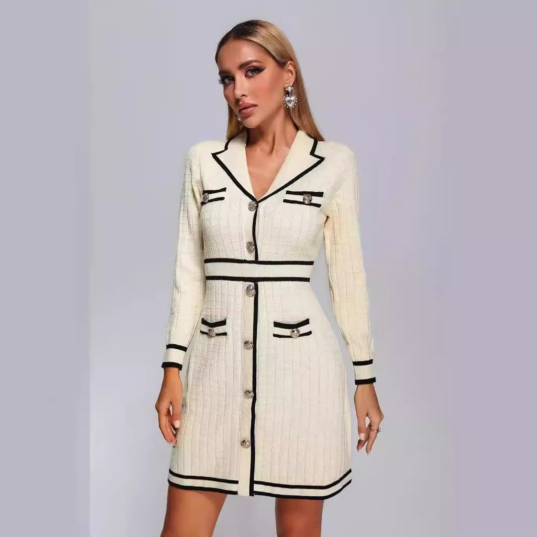 Long Sleeve Collared Knitted Classic Dress Button Contrast Color Slim Fit Short for Women