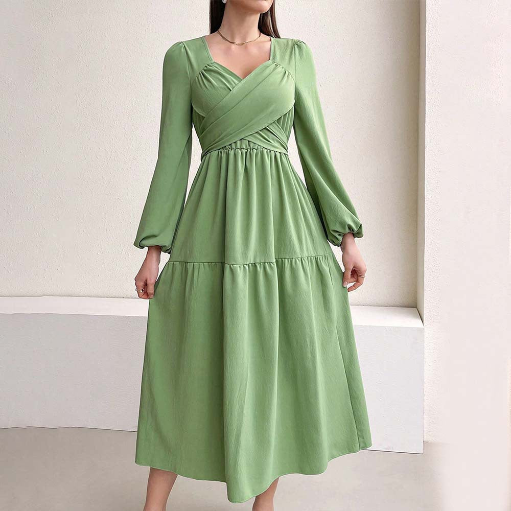 Women Clothing Elegant Youthful Looking Dress Autumn Winter Little Fresh V neck Green Midi Dress Turquoise