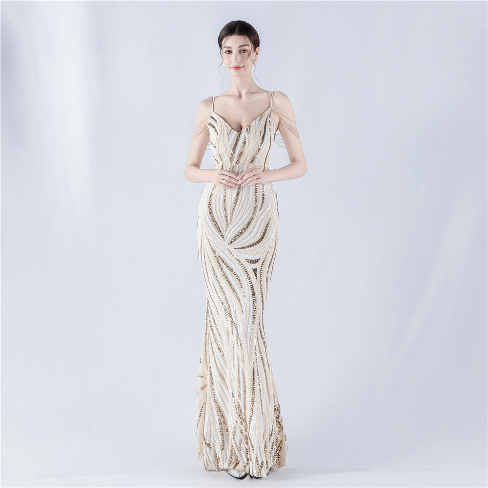 Sequin Stripes Contrast Color Fit Dinner Host Annual Meeting Sling Maxi Dress Women Apricot