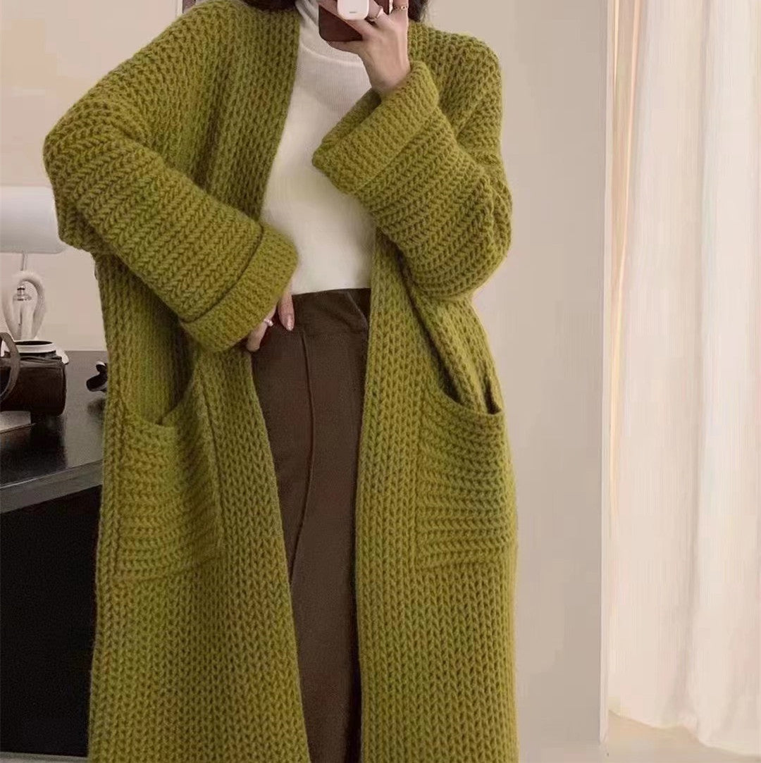 Gentle Coat Hollow Out Cutout Twist Autumn Winter Solid Color Knitted Cardigan Soft Glutinous One Size Olive