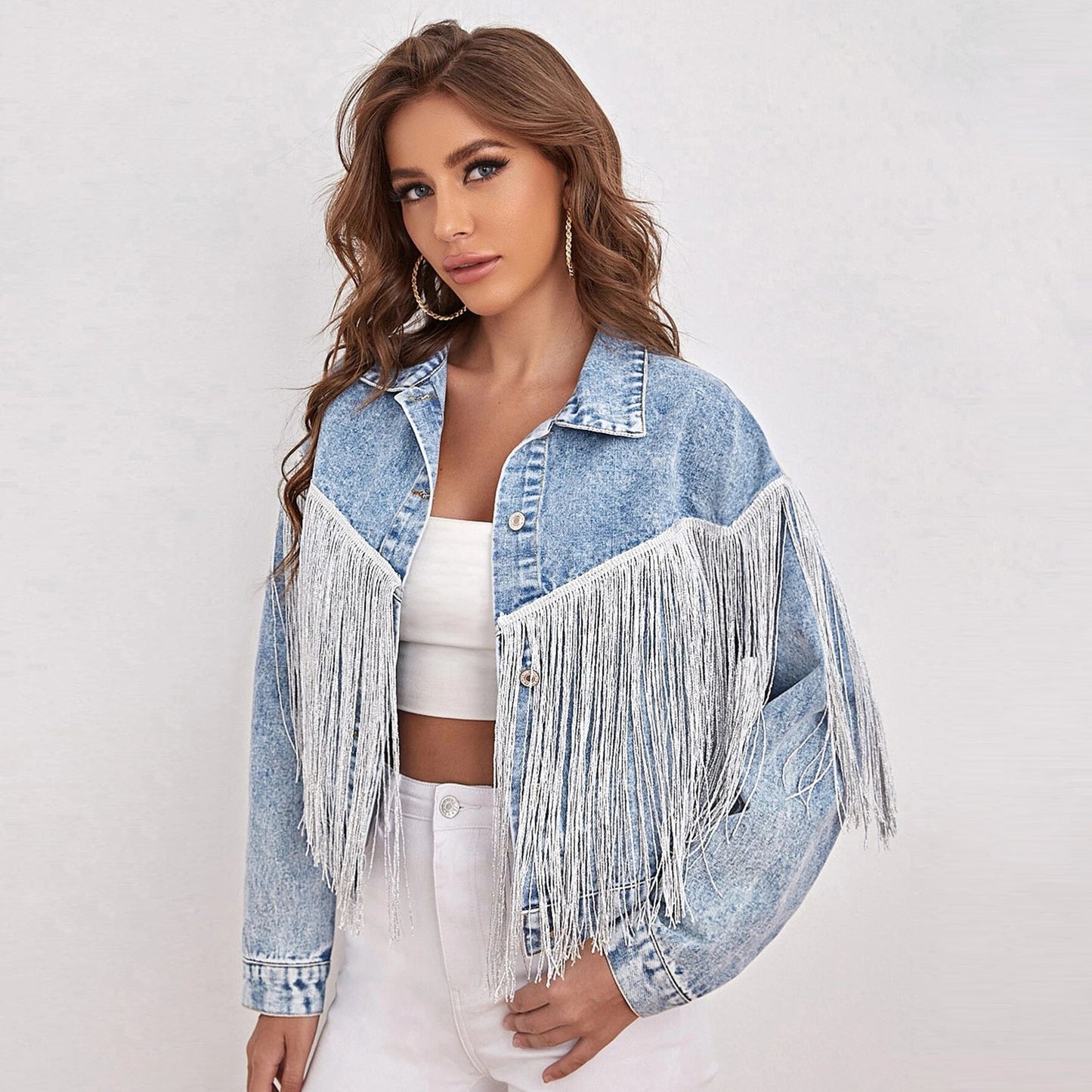 Popular Denim Jacket Tassel Collared Fried Floral Denim Jacket Women