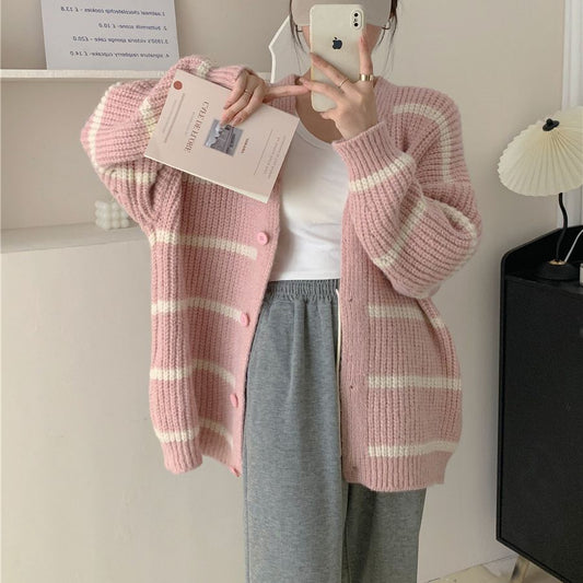 Lazy Contrast Color Striped Knitted Cardigan for Women Autumn Winter Retro V neck Loose Slimming Sweater Tide