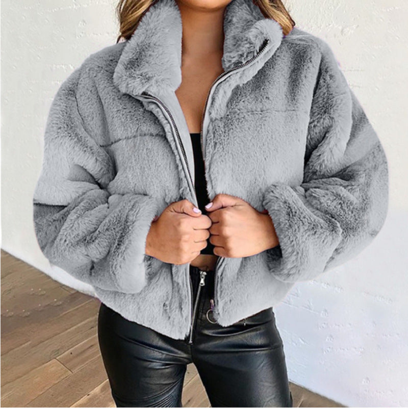 Women Clothing Autumn Winter Zipper Cardigan Plush Warm Coat Gray