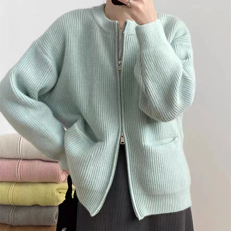 Retro Solid Color Idle Sense Sunken Stripe Double Zipper Knitted Cardigan Women Loose Soft Glutinous Dinified Sweater Coat One Size Blue