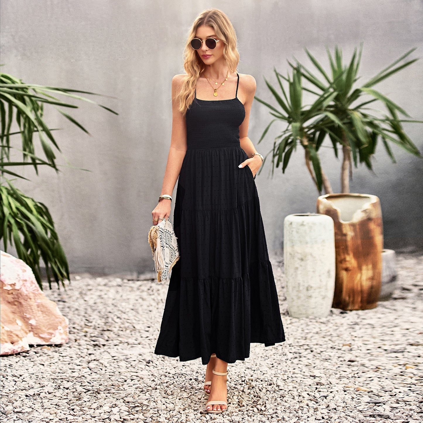 Women Solid Color Dress Women Summer Elegant Dress Maxi Dress Black