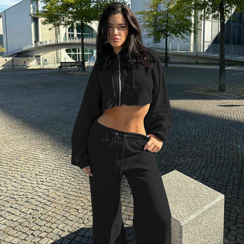 Women Clothing Autumn Winter Zipper Hooded Cropped Top Slim Casual Trousers Two Piece Sets Black