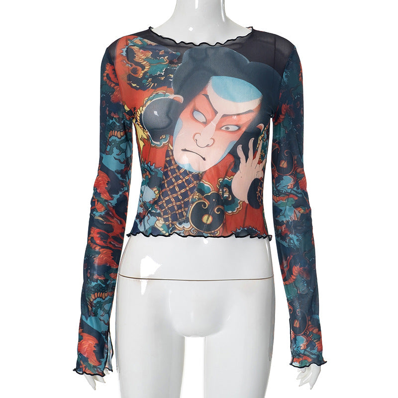 Stringy Selvedge round Neck Geisha Printed Mesh Long Sleeve Top Multi