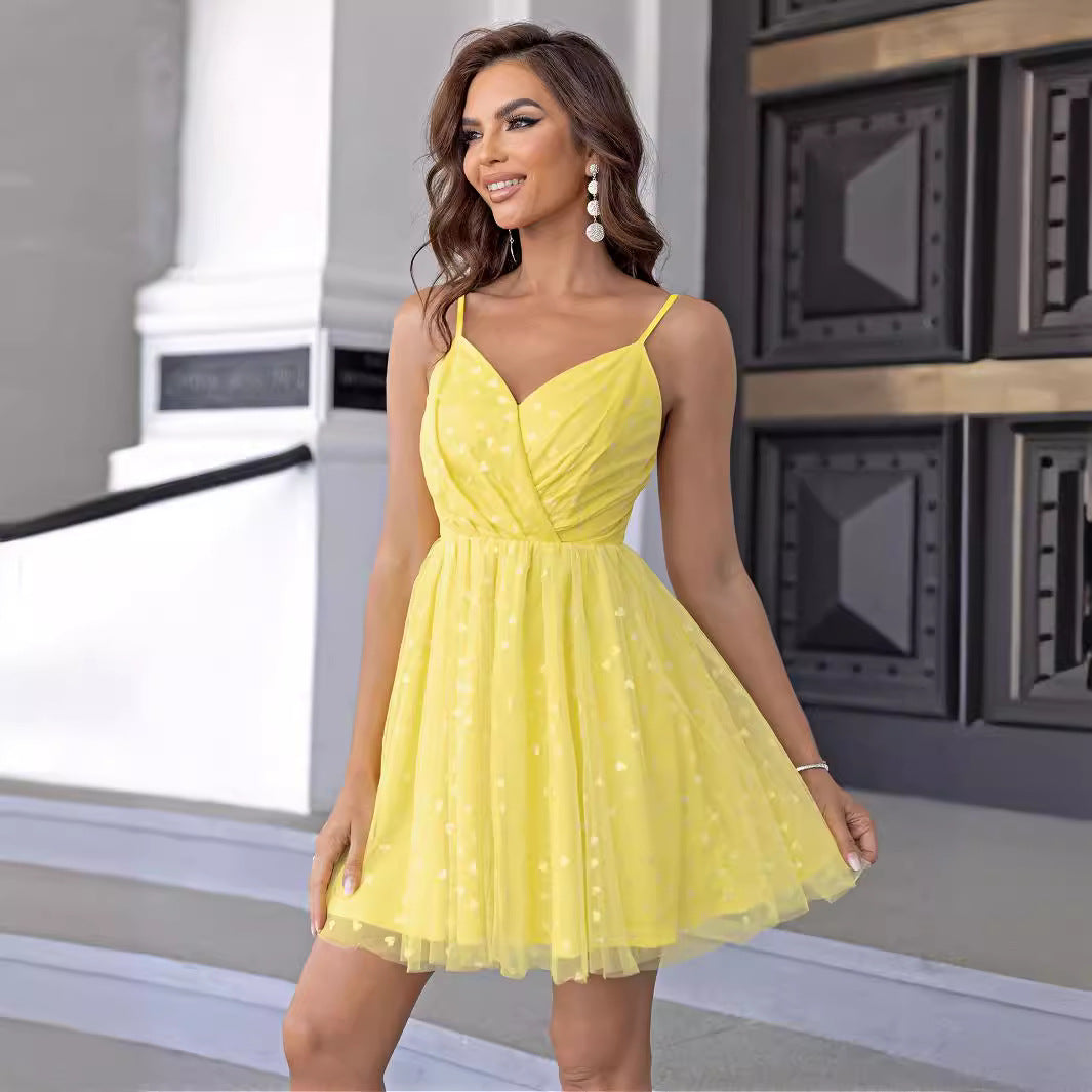 Women Clothing Cross V neck Sexy Mesh Dinner Dress