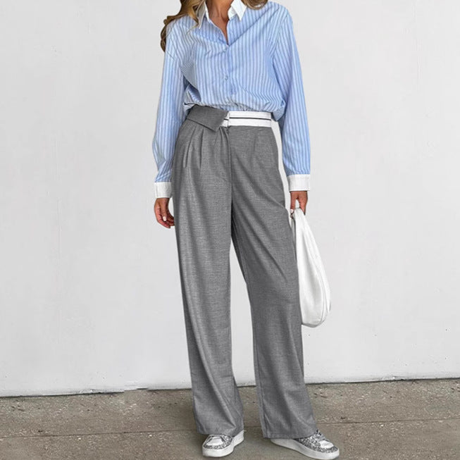 Gray Loose British Straight Patchwork High Waist Casual Pants Autumn Winter Work Pant Gray