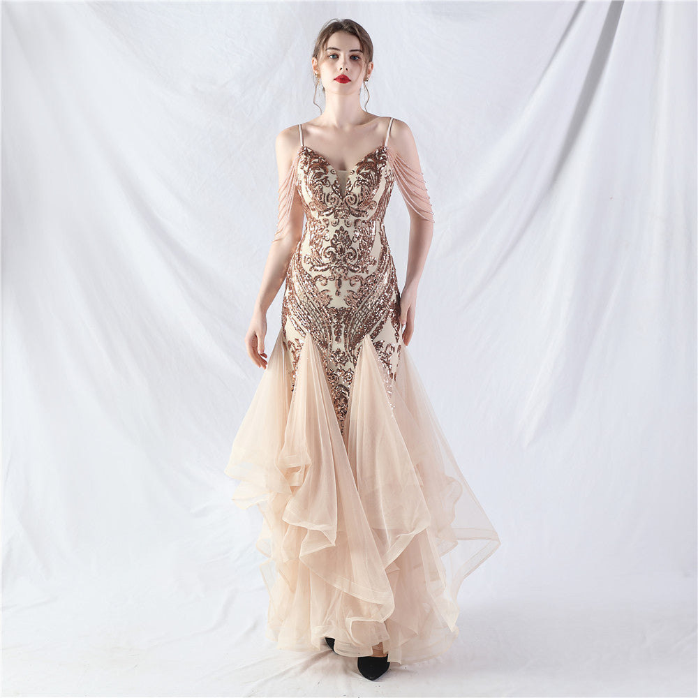 Craft Beads Hard Net Positioning Floral Sequin Stitching Mesh Dance Celebration Performance Dress Gold